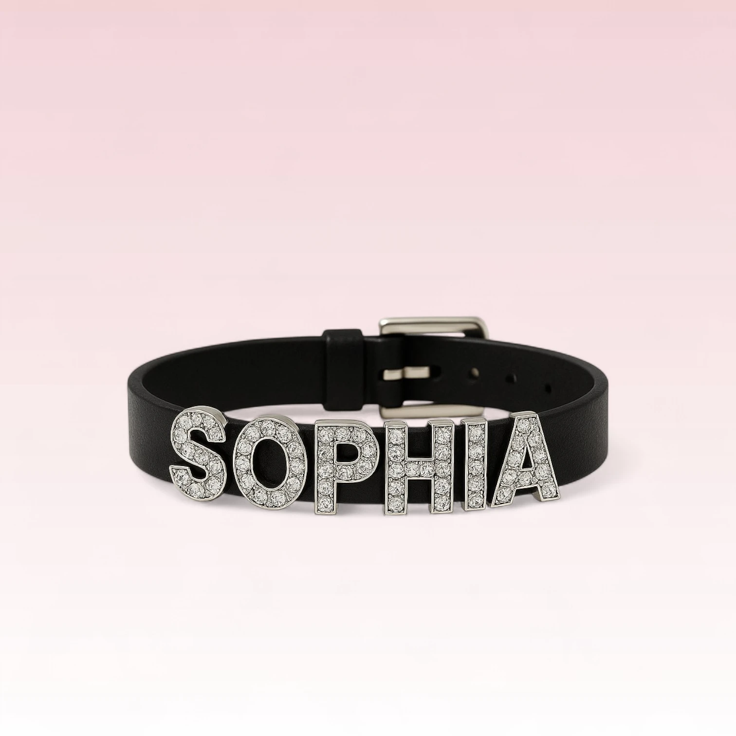 Studio product photo: black PU leather rhinestone name bracelet “SOPHIA”, front view
