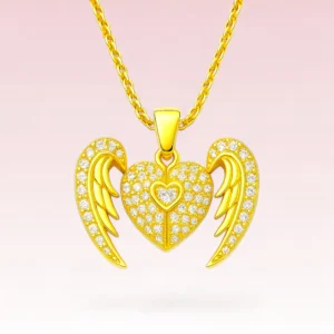 Gold Angel Heart Necklace – Crystal Wing Pendant Memorial Jewelry
