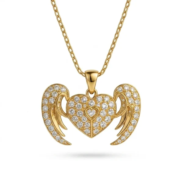 Radiant Crystal Angel Heart Necklace – Stunning Guardian Angel Design
