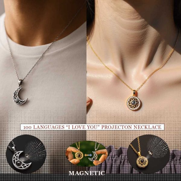100 Languages I Love You Moon and Sun Projection Necklace for Couples & Girlfriend Gift