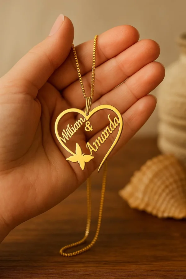 Personalised Couple Name Necklace Custom Heart Pendant with Butterfly Engraved Double Name Necklace for Couples His and Hers Gift - Image 8