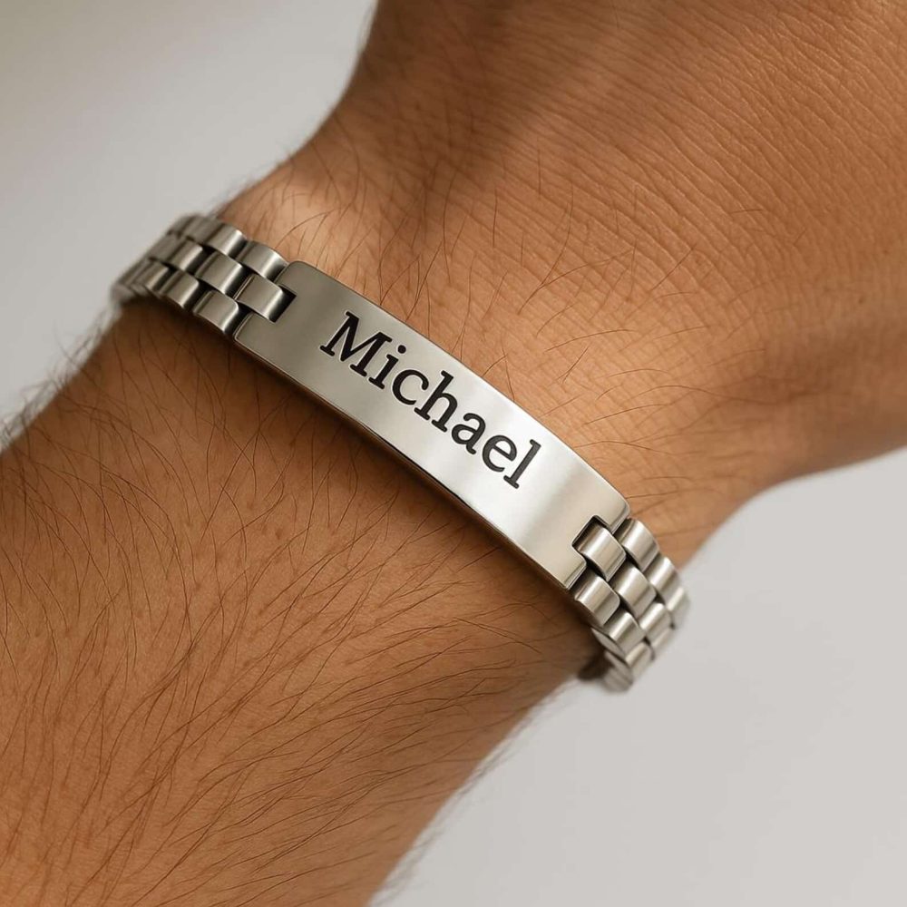 Custom Cuban Link ID Plate Bracelet for Men's and Engraved Name Plate, Gold and Silver Stainless Steel Chain Bracelet, Gift for Men's - Image 4