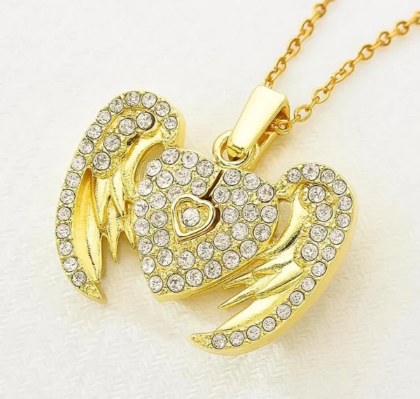 Gold Angel Heart Necklace - Crystal Wing Pendant Memorial Jewelry - Image 3