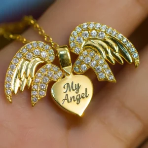 Gold Angel Heart Necklace – Crystal Wing Pendant Memorial Jewelry
