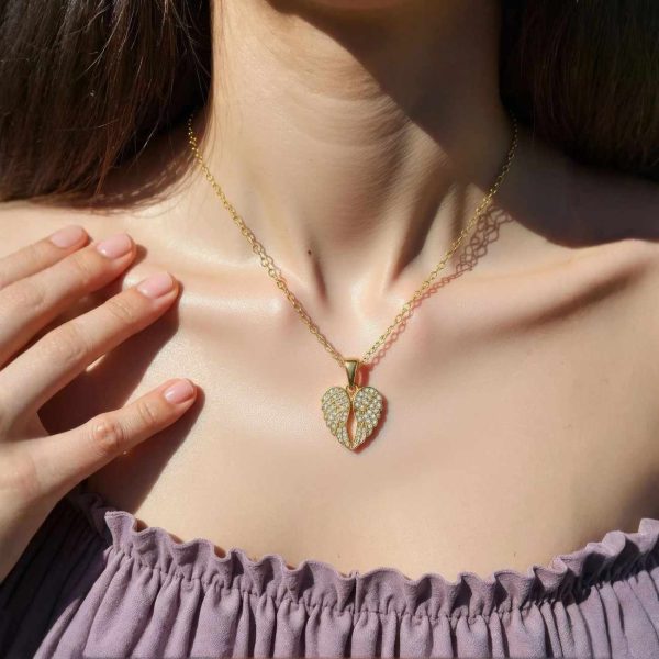 Gold Angel Heart Necklace – Crystal Wing Pendant Memorial Jewelry