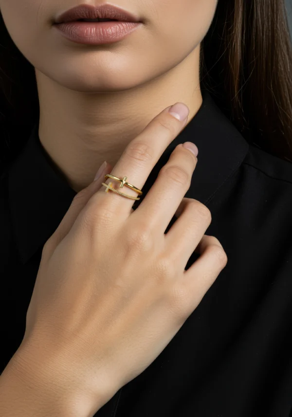 Two-Tone Double Cross T Ring for Women – Modern Gold Statement Jewelry