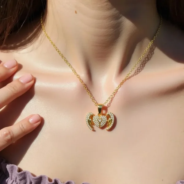 Radiant Crystal Angel Heart Necklace – Stunning Guardian Angel Design