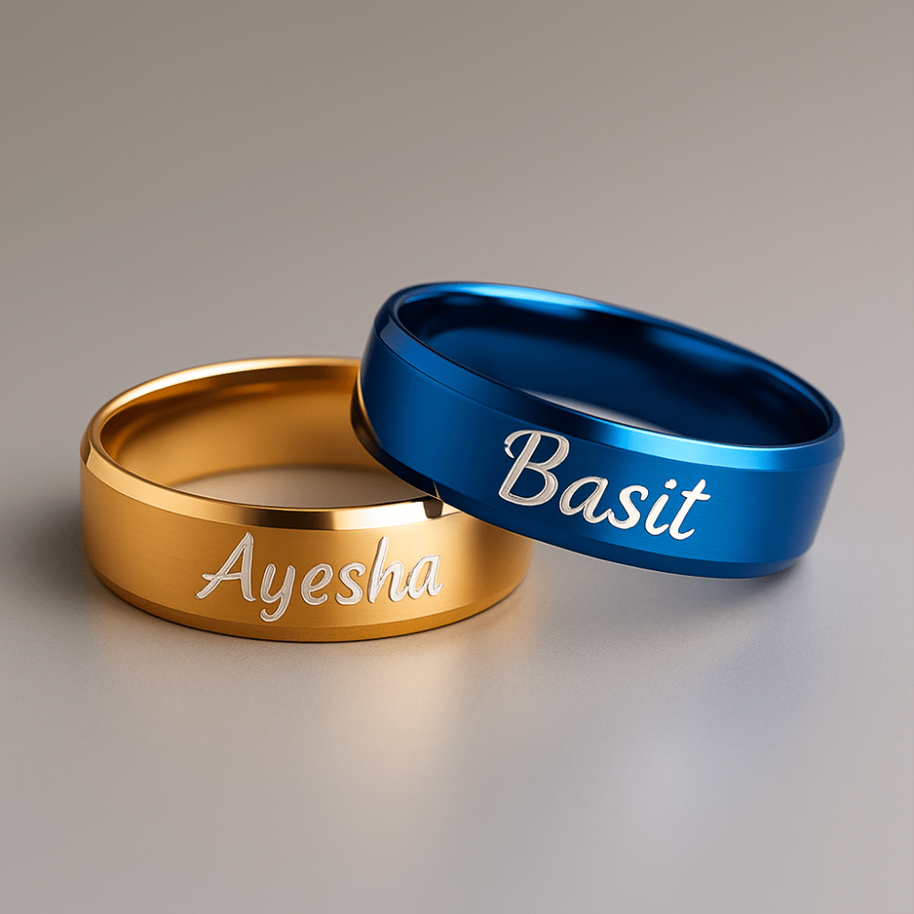 gold and blue couple name band rings