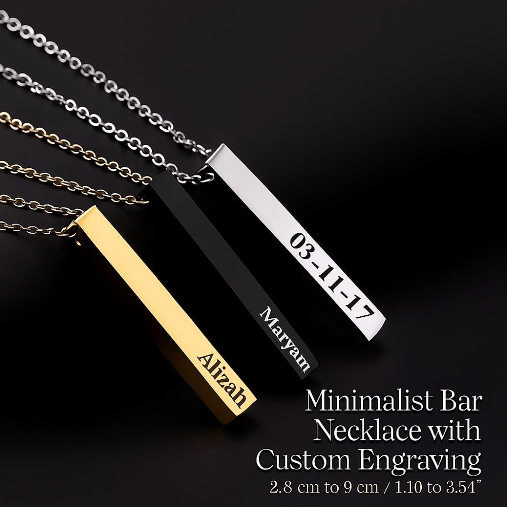 personalized vertical bar necklace in gold, black and silver with custom engraving name and date