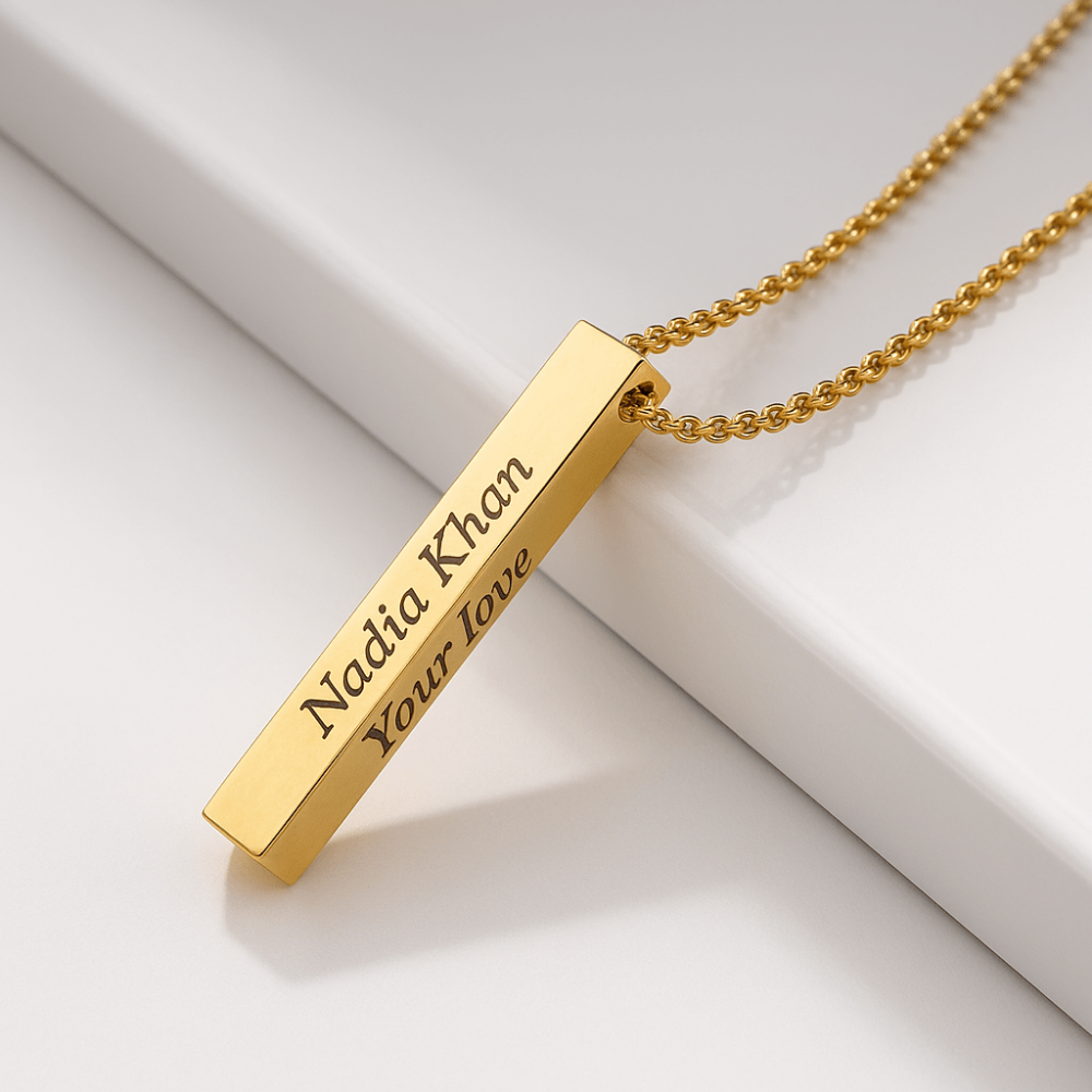 Vertical gold bar tag necklace with name