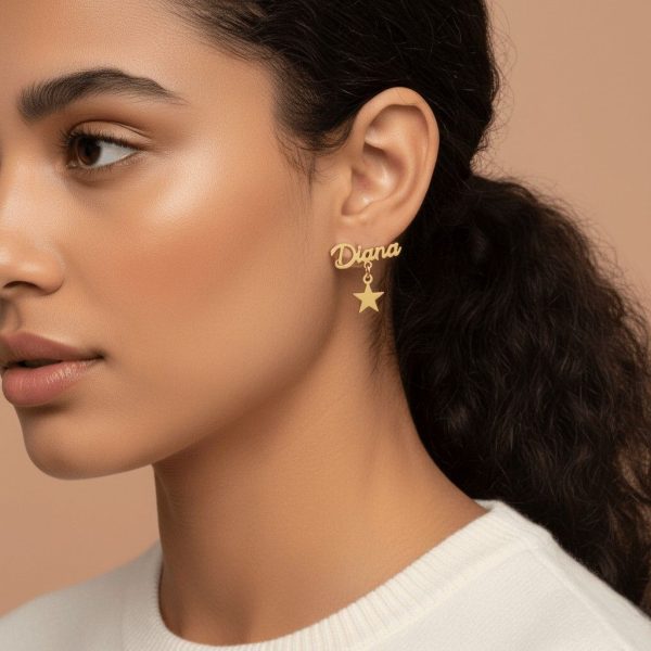 Custom Script Name Drop Earrings with Star for Woman’s