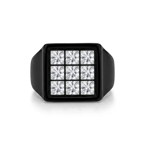 9-Stone White Crystal Grid Ring – Black Signet Men’s Ring