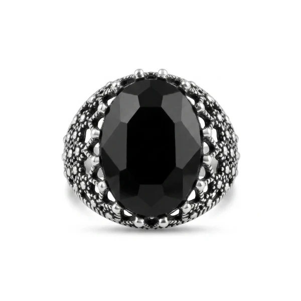 Black Onyx Oval Ring – Antique Silver Filigree & Beaded Band Mens Ring
