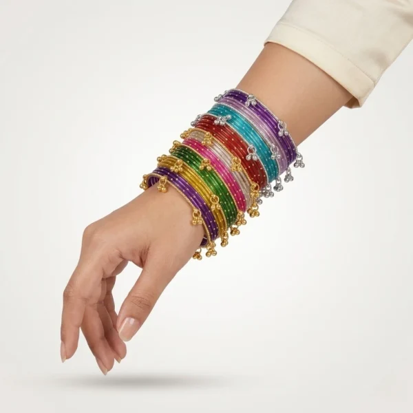 Kashmiri Bangles Set for Women – Multicolour Bell Charm Bangle Stack | Traditional Gold & Silver Pakistani Bangles