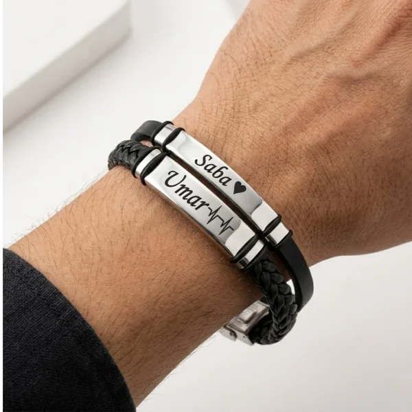 Dual-Layer Heartbeat Couple’s Bracelet – Black Leather & Silver ID Plates