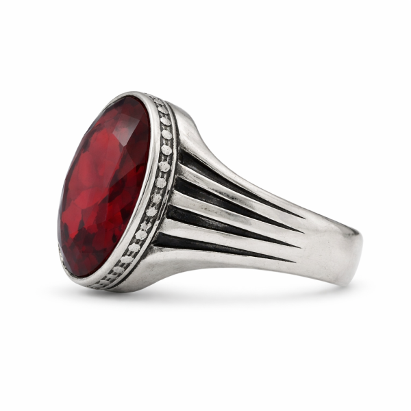 Deep Red Garnet Oval Ring – Antique Silver Ribbed Band Mens Ring