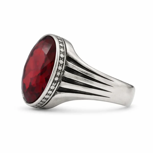 Deep Red Garnet Oval Ring – Antique Silver Ribbed Band Mens Ring