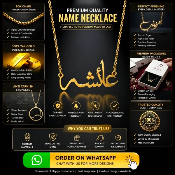 Custom Arabic Calligraphy Name Necklace – Personalized Gold Urdu Name Pendant | Multiple Styles Available