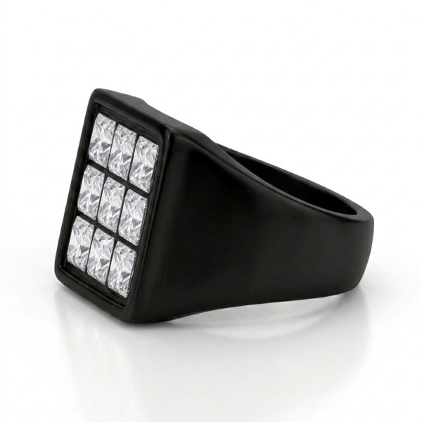 9-Stone White Crystal Grid Ring – Black Signet Men’s Ring