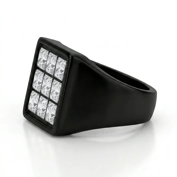 9-Stone White Crystal Grid Ring – Black Signet Men’s Ring