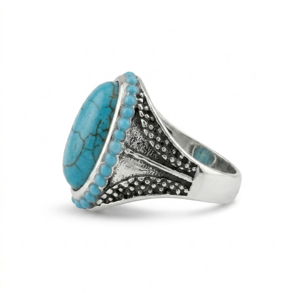 Turquoise Oval Cabochon Ring – Antique Silver Beaded Mesh Mens Ring