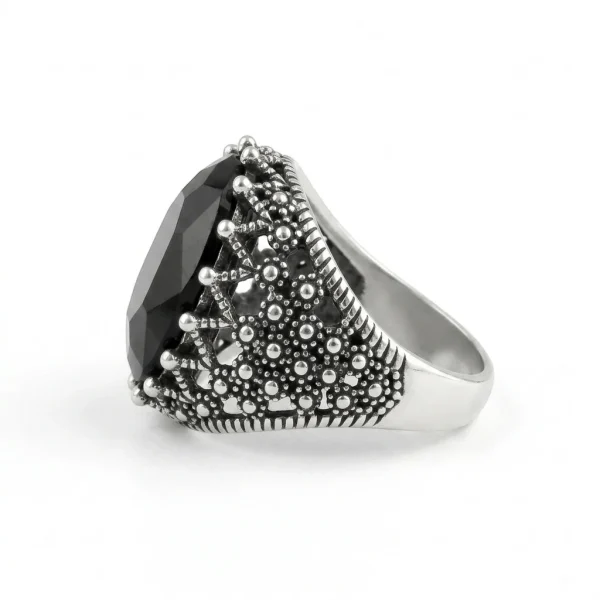 Black Onyx Oval Ring – Antique Silver Filigree & Beaded Band Mens Ring