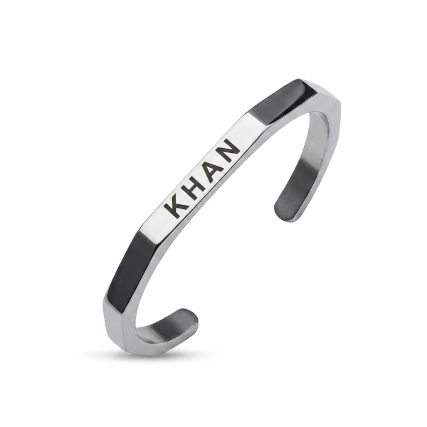 Personalized Geometric Steel Cuff – Matte Silver & Black Inlay Mens Bracelet