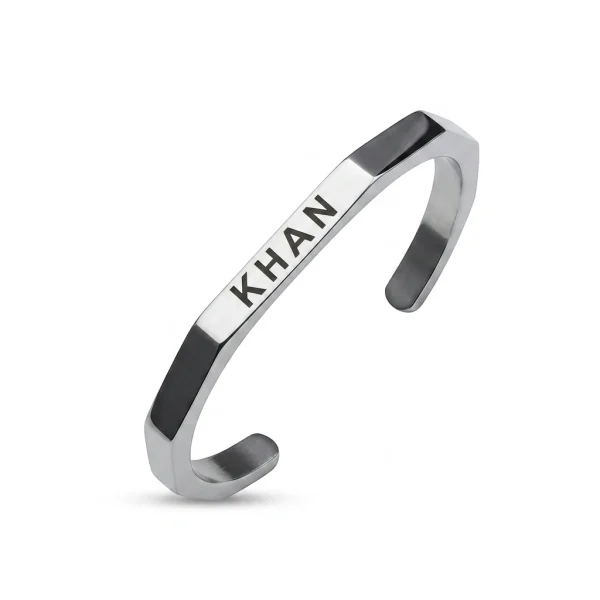 Personalized Half Geometric Steel Cuff – Silver Inlay Mens Bracelet