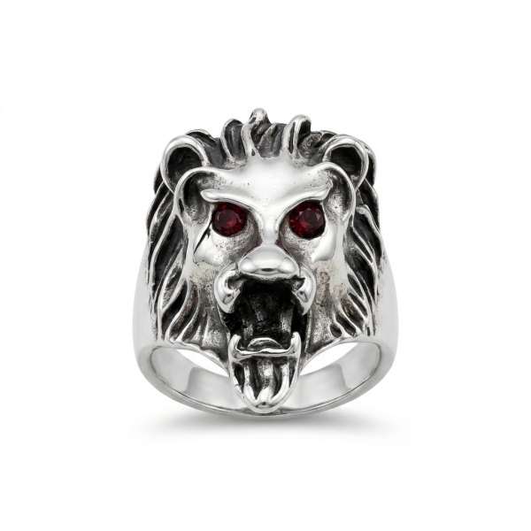 Lion Head Ring – Silver with Red Crystal Eyes