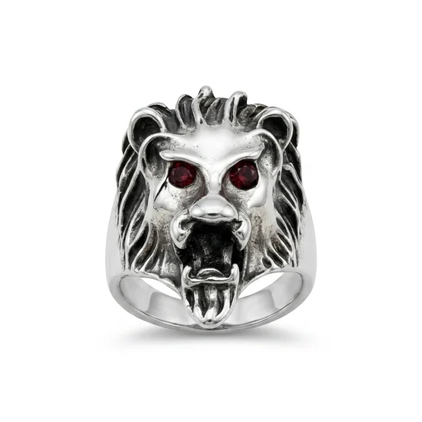 Lion Head Ring – Silver with Red Crystal Eyes