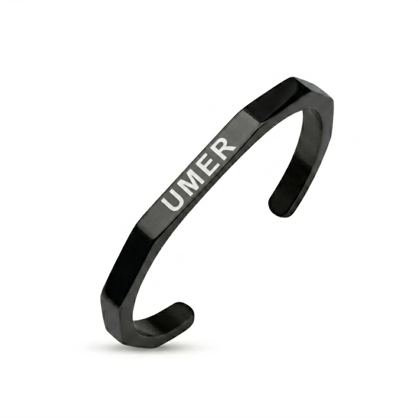 Stealth Matte Black Geometric Cuff – Personalized Mens Bangle