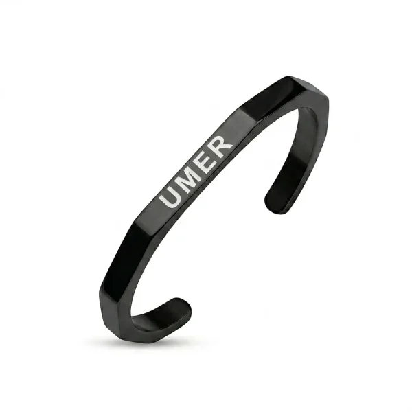 Stealth Matte Black Geometric Cuff – Personalized Mens Bangle