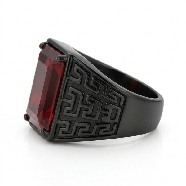 Red Stone Black Greek Key Signet Ring – Men’s Statement Ring