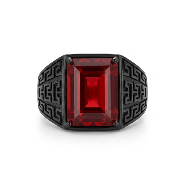 Red Stone Black Greek Key Signet Ring – Men’s Statement Ring