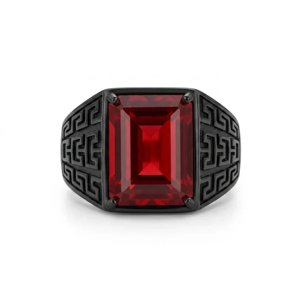 Red Stone Black Greek Key Signet Ring – Men’s Statement Ring