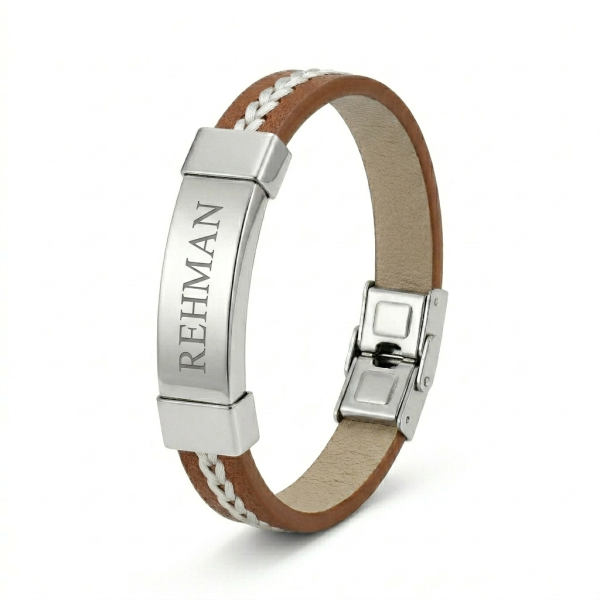 Braided Leather & Steel ID Bracelet – Tan & Silver Personalized Cuff
