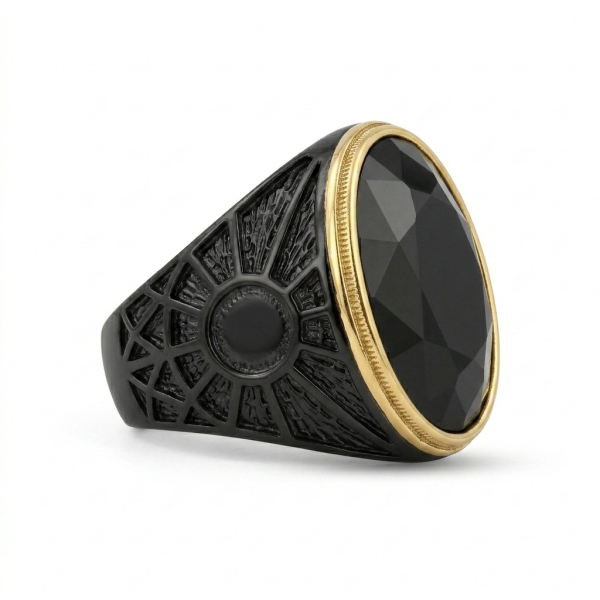 Black Onyx Oval Ring – Black & Gold Two-Tone Mens Statement Ring