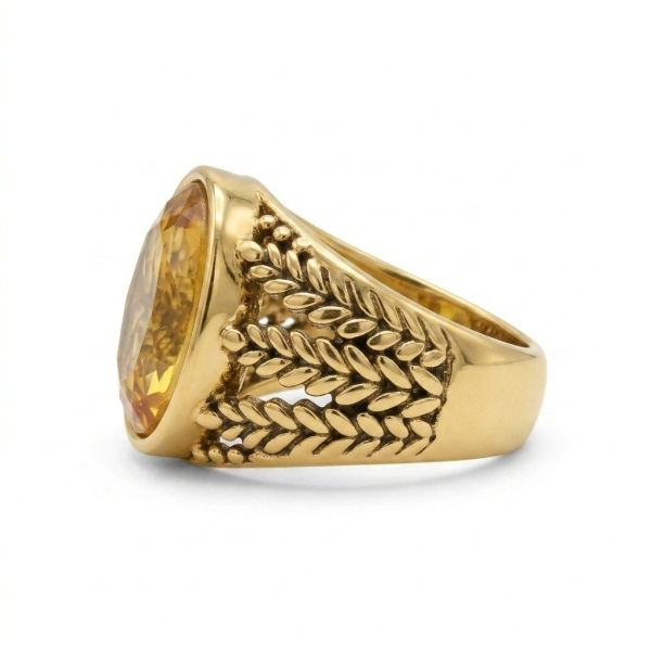 Yellow Citrine Oval Ring – Antique Gold Wheat Sheaf Band Mens Ring