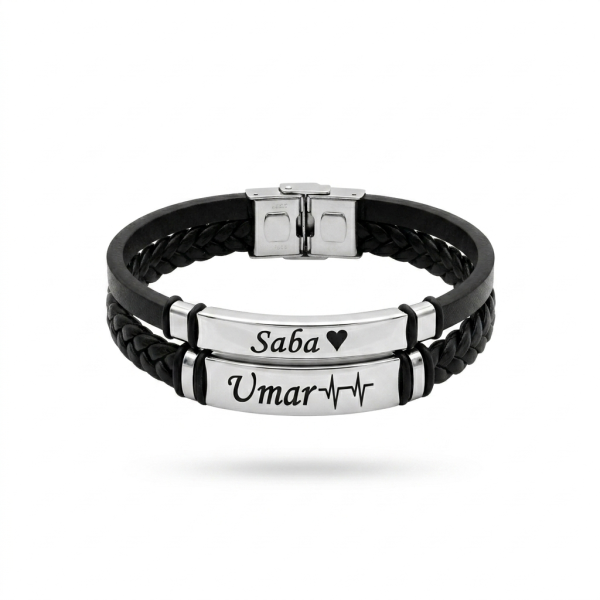 Dual-Layer Heartbeat Couple’s Bracelet – Black Leather & Silver ID Plates