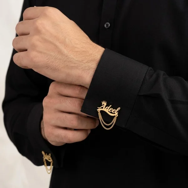 Custom Name Chain Cufflinks for Men – Gold Crown Script with Drape Chains | Luxury Personalized Groom Cufflinks