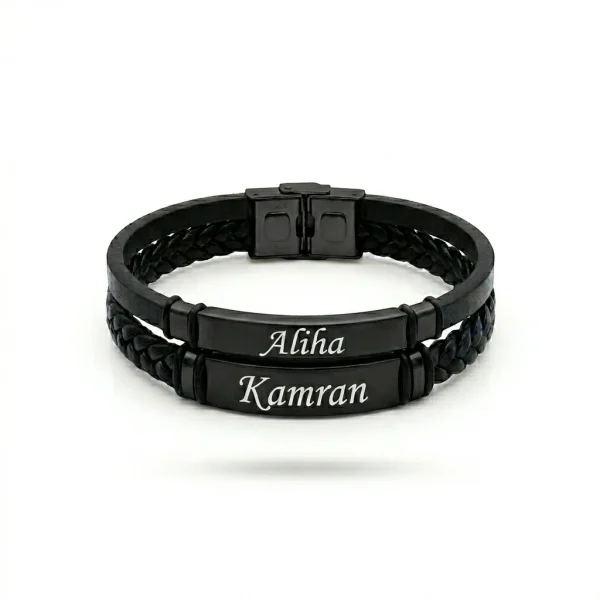 Dual-Layer Heartbeat Couple’s Bracelet – Black Leather & Silver ID Plates