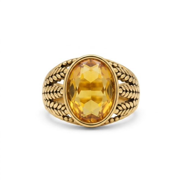 Yellow Citrine Oval Ring – Antique Gold Wheat Sheaf Band Mens Ring