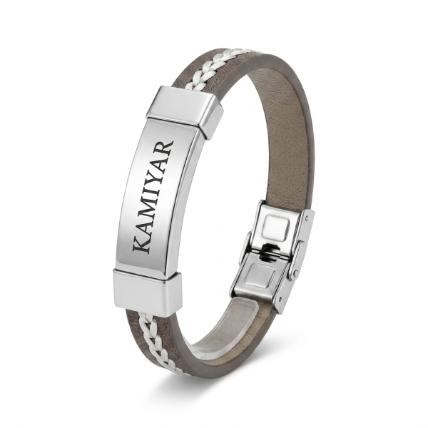 Braided Leather & Steel ID Bracelet – Tan & Silver Personalized Cuff