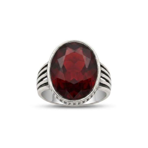 Deep Red Garnet Oval Ring – Antique Silver Ribbed Band Mens Ring
