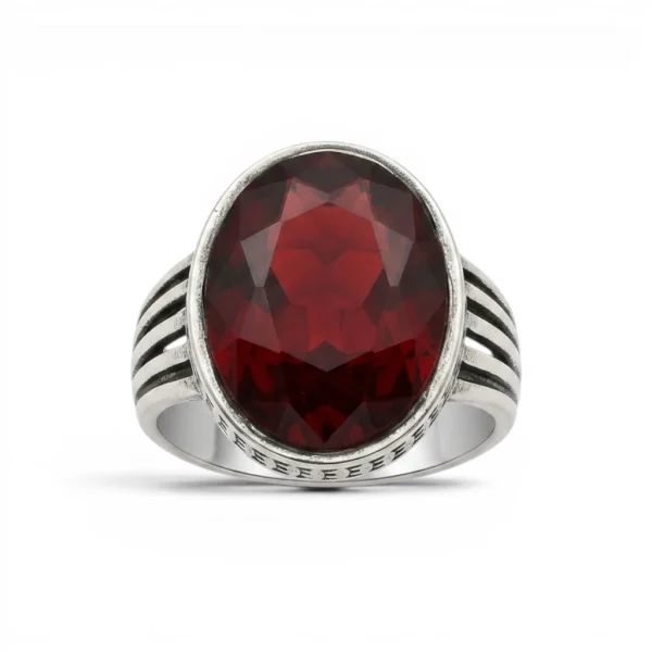 Deep Red Garnet Oval Ring – Antique Silver Ribbed Band Mens Ring