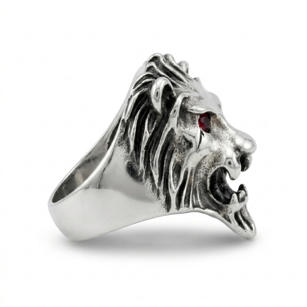Lion Head Ring – Silver with Red Crystal Eyes