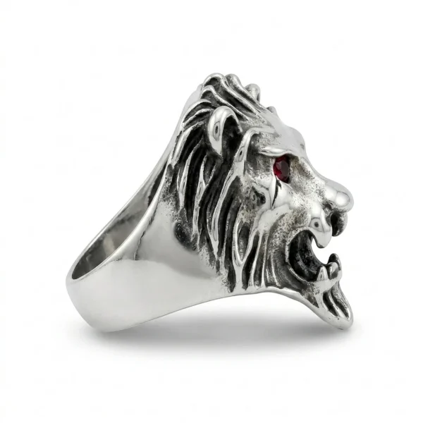 Lion Head Ring – Silver with Red Crystal Eyes