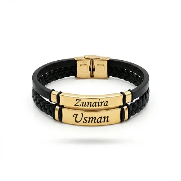 Dual-Layer Heartbeat Couple’s Bracelet – Black Leather & Silver ID Plates