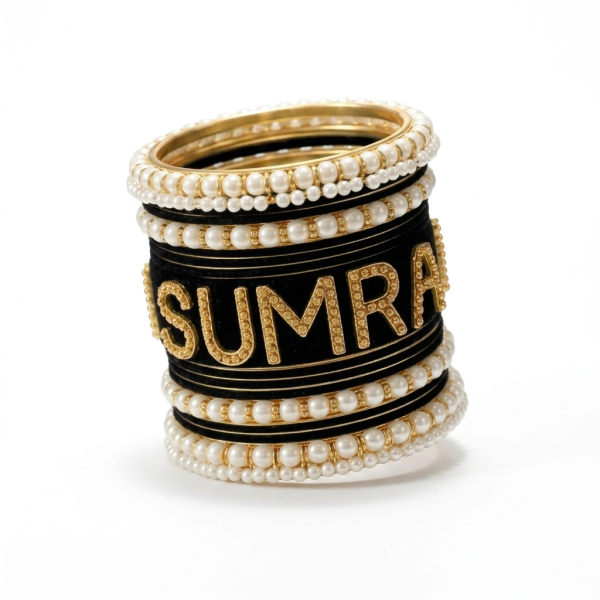 Custom Name Bangles – Black, Pearl & Gold Bridal Bangle Set