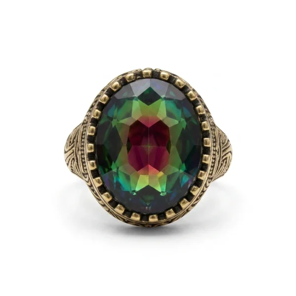 Mystic Topaz Oval Ring – Antique Gold Engraved Scroll Band Mens Ring